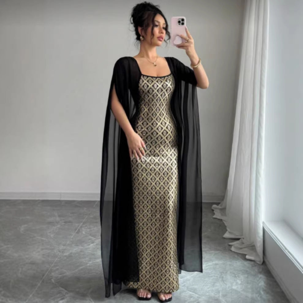 Womens Retro, Opulent Square-Neck Backless Elegant Muslim Dress For Banquets And Parties