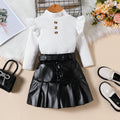 High-neck Long-sleeve Top PU Leather Pleated Skirt Belt Three-piece Set