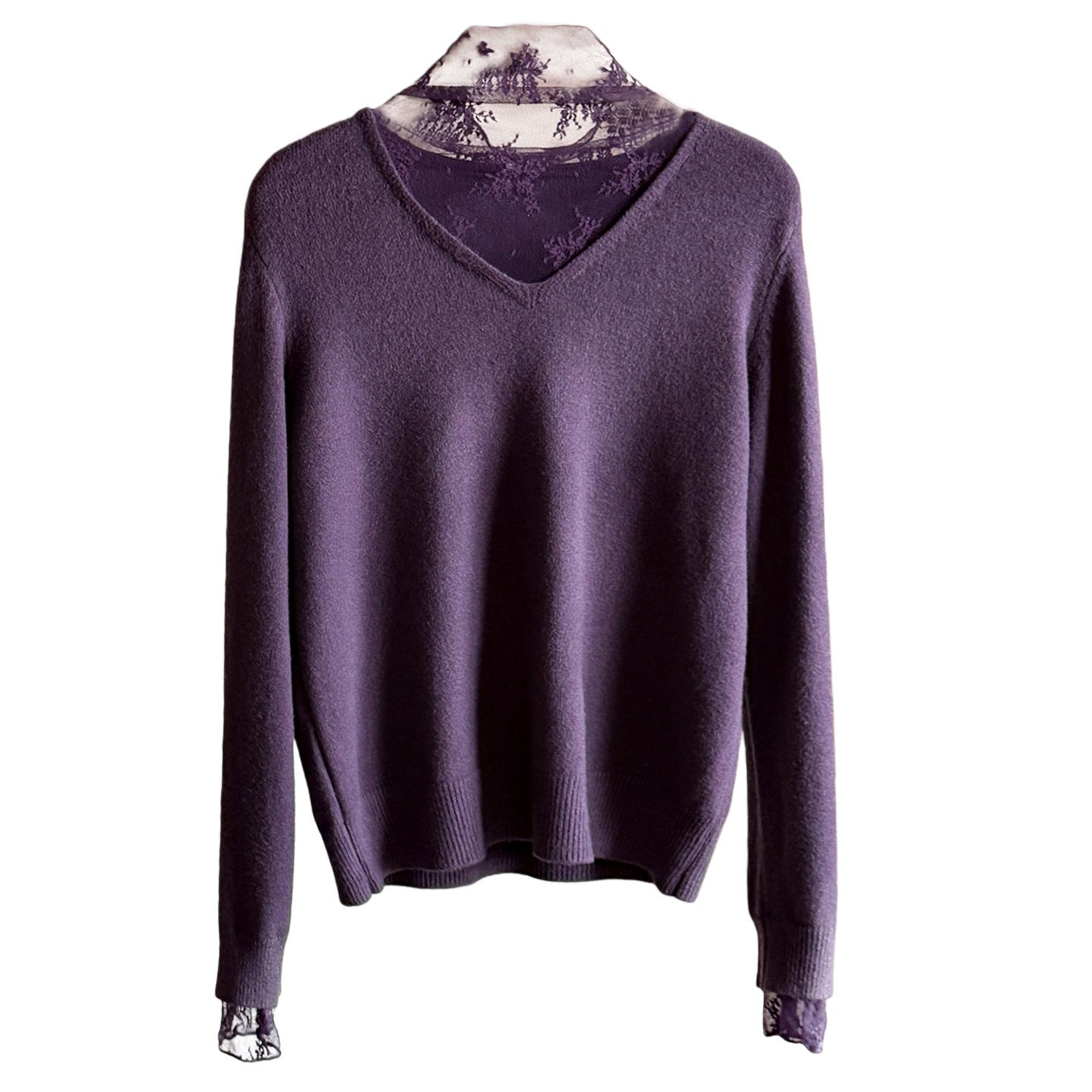 Lace-Panel Fake Two-Piece V-Neck Knitted Sweater