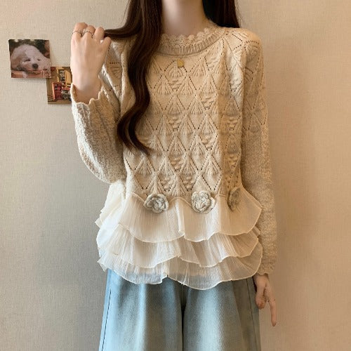 Women's Casual Loose Slimming Rose Lace Edge Sweater