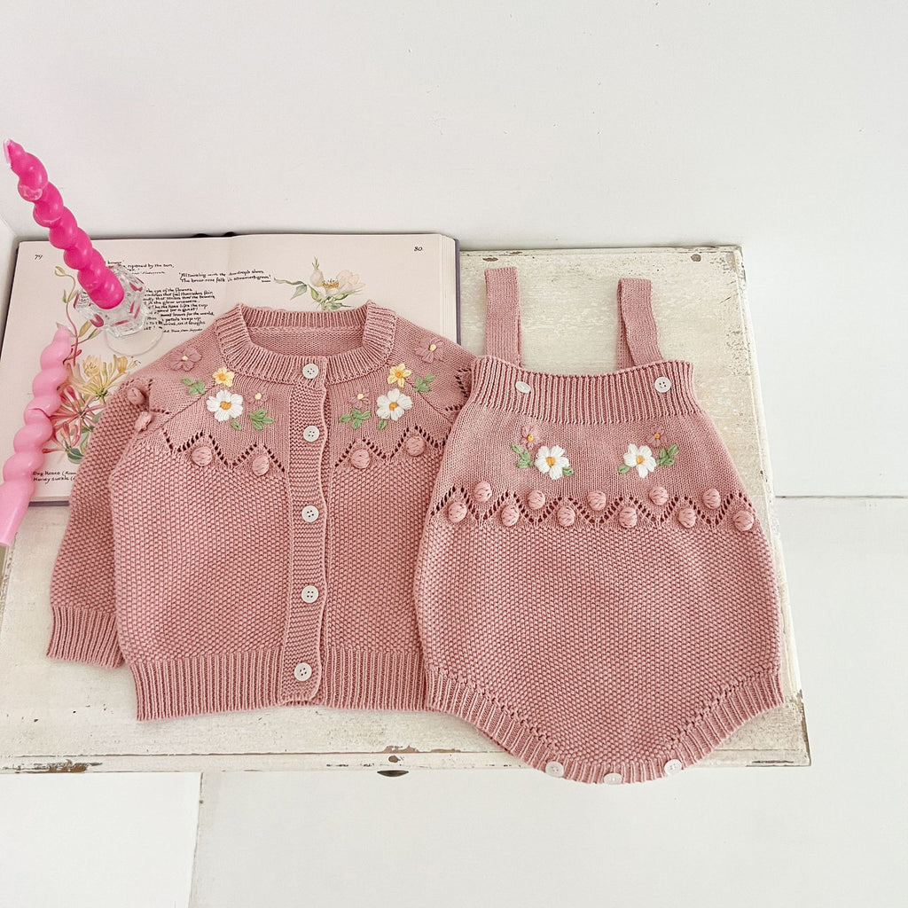 Newborn Handmade Flower Two-piece Knitted Cardigan Jumpsuit