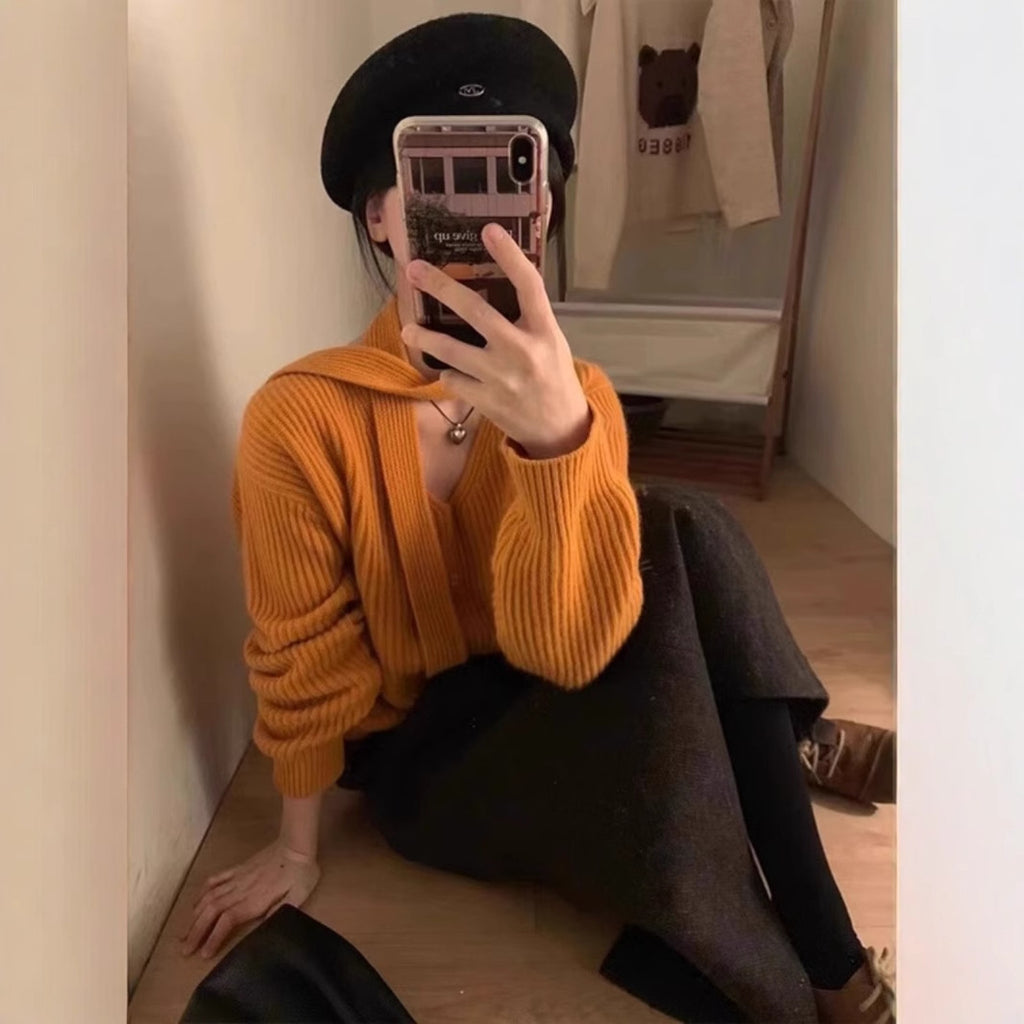 Womens Solid-Color Loose V-Neck Long-Sleeve Sweater With Ribbons