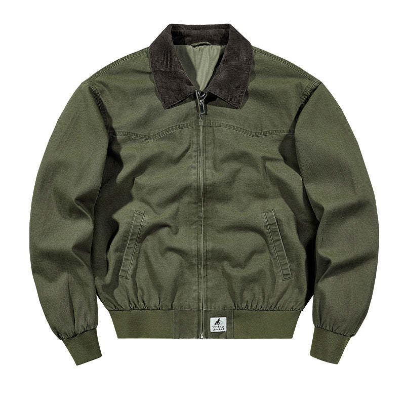 Spring And Autumn Washed Denim Work Jacket With Lapel For Young Men