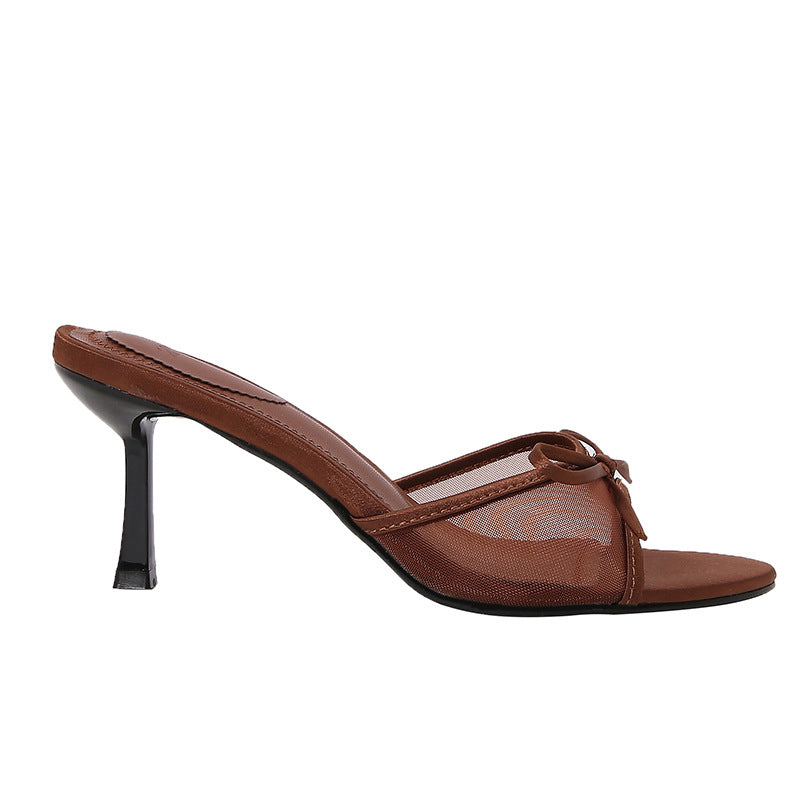 Womens Brown Mesh Sandals With Bow Detail And High Heel