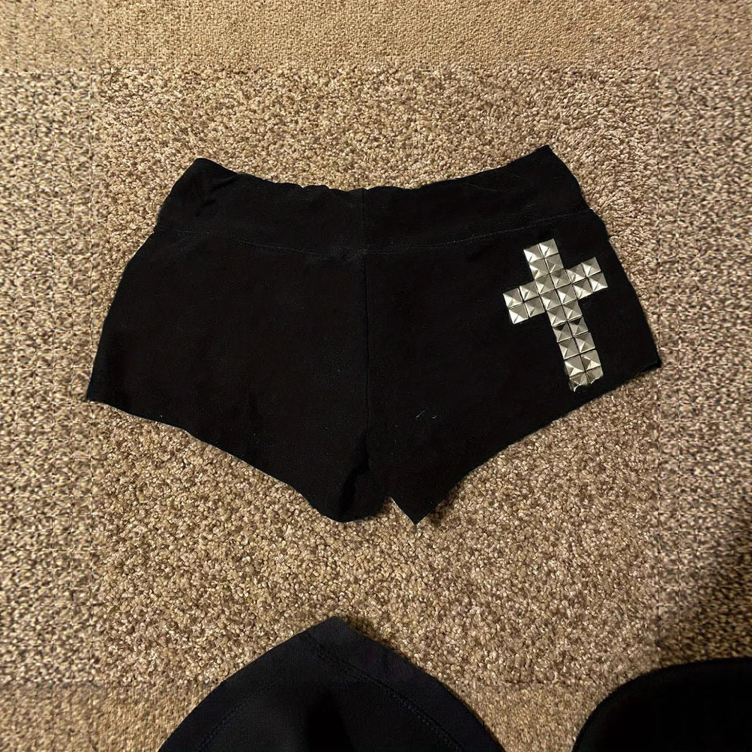 Womens Black Cross Design Comfortable Elastic-Waist Bodycon Ultra-Short Shorts