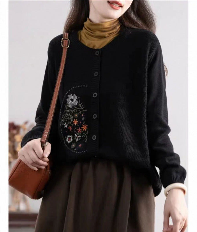 Chinese-style Corn-stitch Cotton Knit Cardigan Sweater For Women