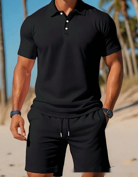 Men's Casual Beach Mesh Lapel Set Summer Comfortable Breathable Loose Solid-Color Sports Short-Sleeved Shirt And Shorts Set