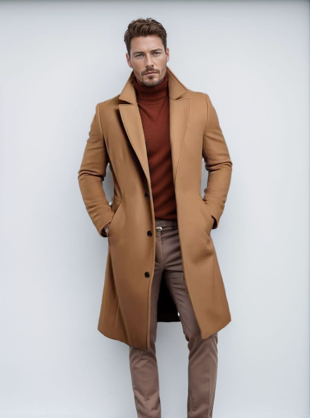 Knee-length Men's Solid Color Business Mid-length Trench Coat