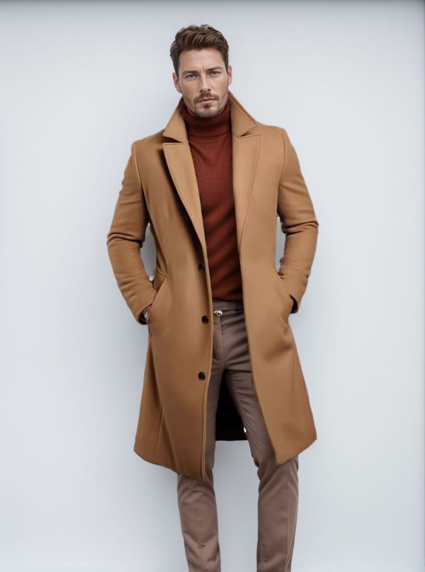 Knee-length Men's Solid Color Business Mid-length Trench Coat