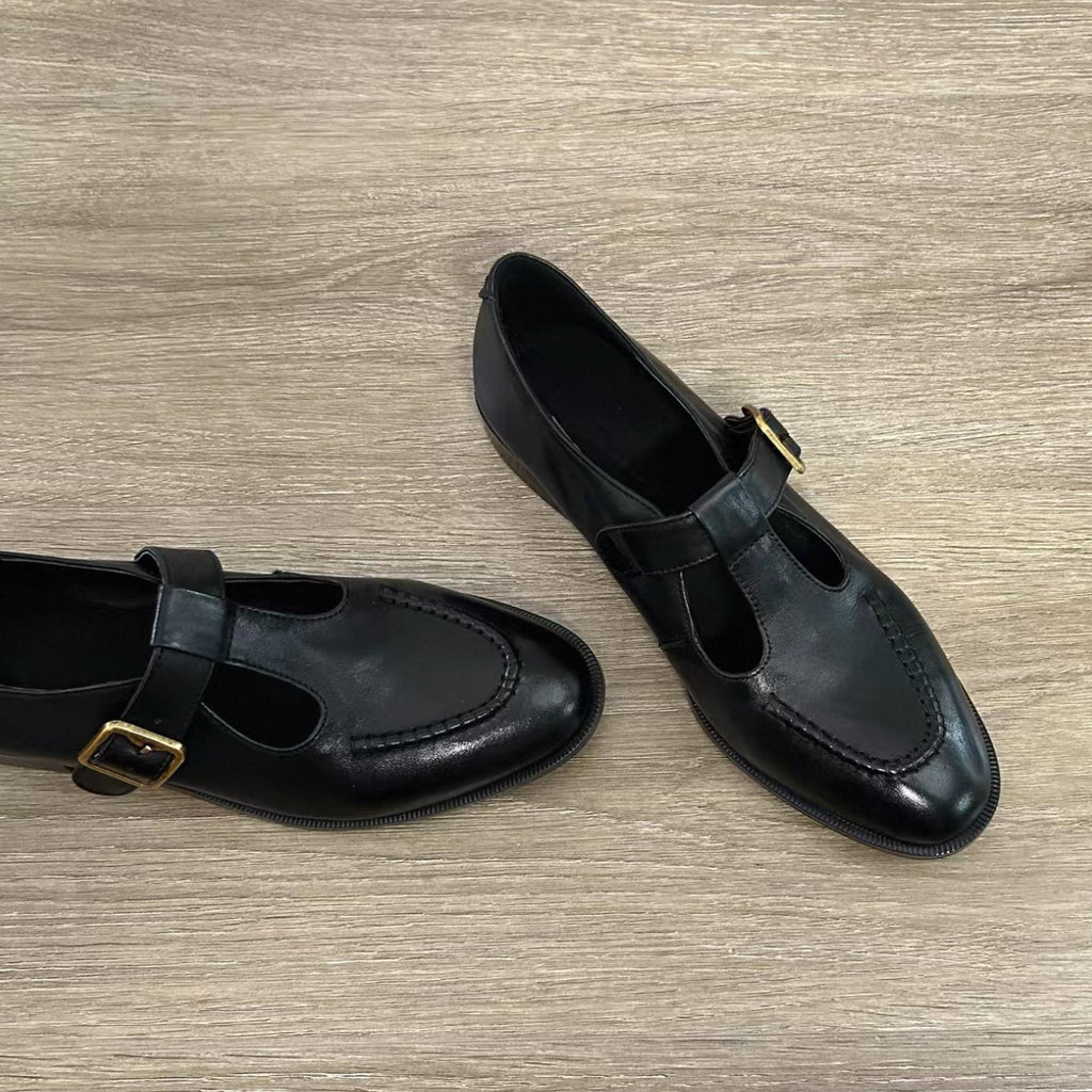 Spring British-style Retro T-Strap Chunky Heel Round-toe Commuter Pumps