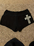 Womens Black Cross Design Comfortable Elastic-Waist Bodycon Ultra-Short Shorts
