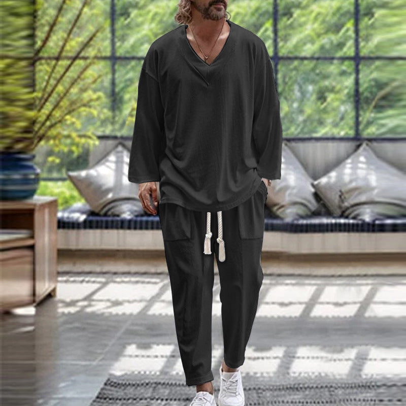 Solid Color V-Neck Pullover Short-Sleeve Drawstring Pocket Design Ankle-Tightening Pants Set