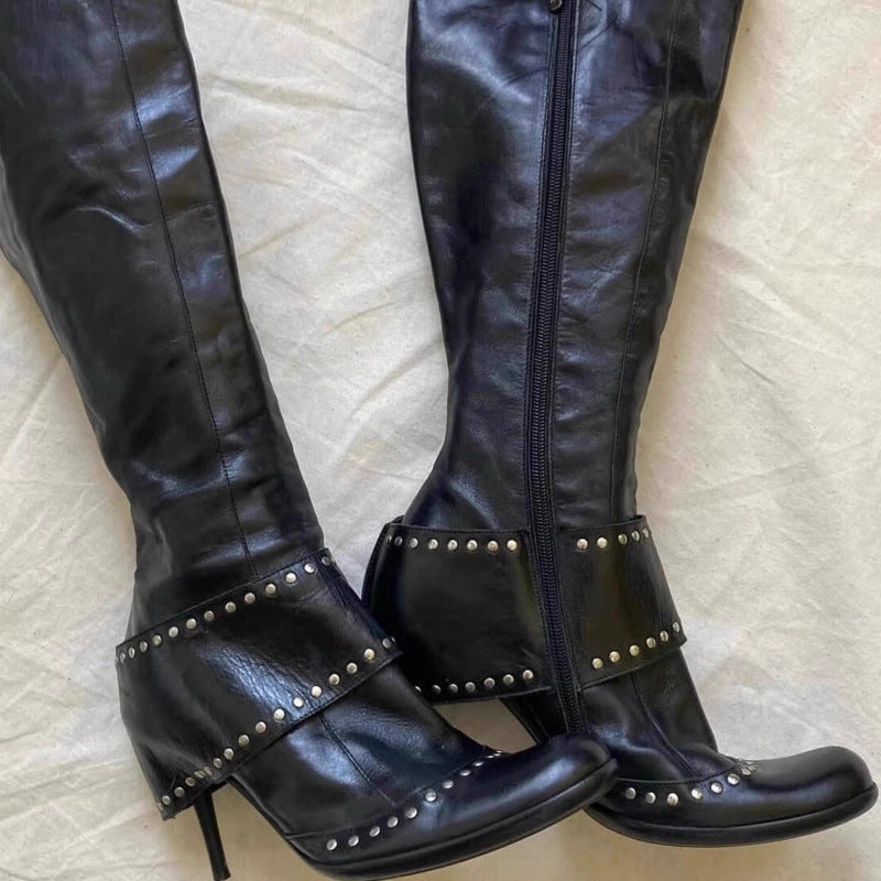 Studded Round-toe Fashion Over-the-knee Boots With A Thin Heel