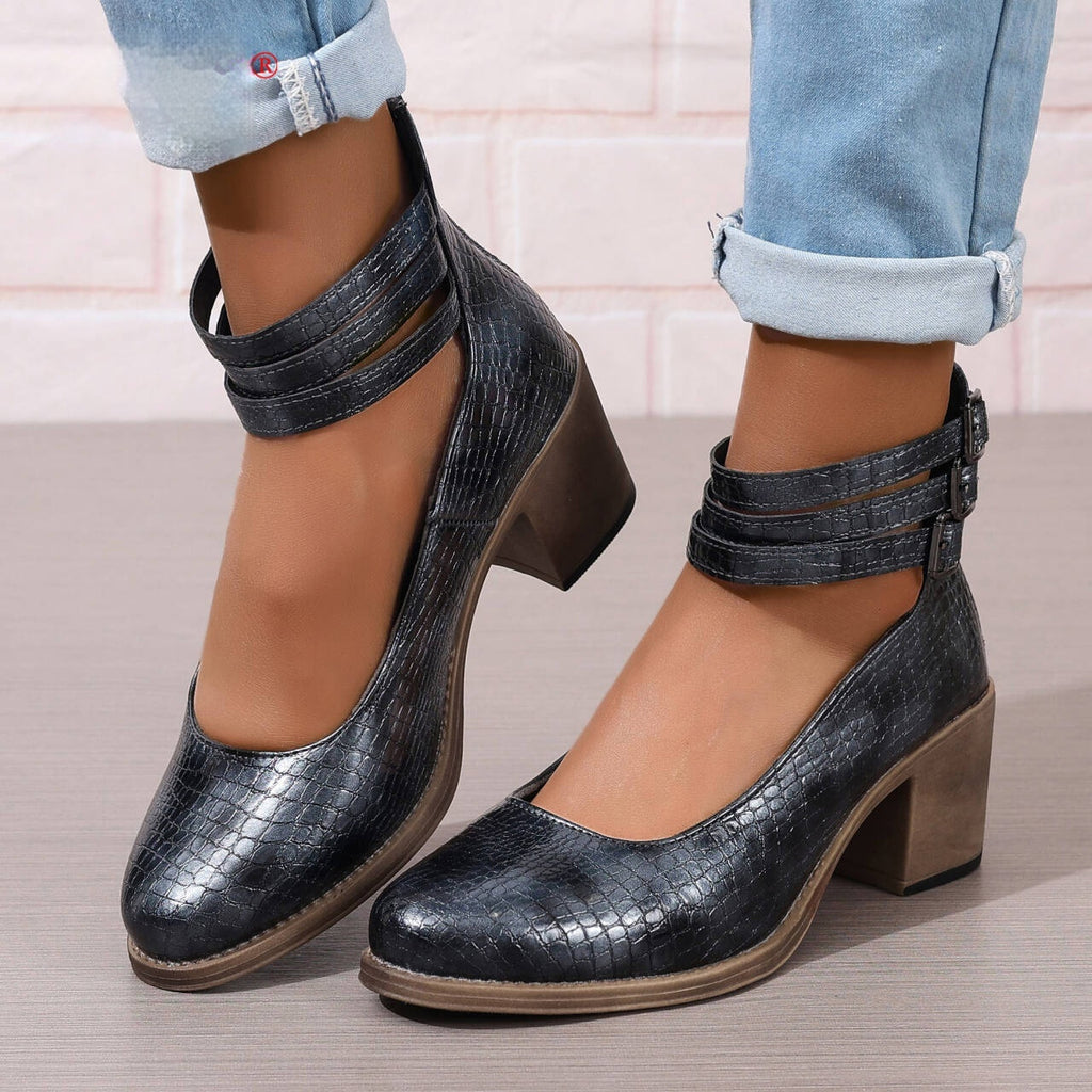 Retro 36-42 Large Size Chunky Heel Shoes With Back Zipper