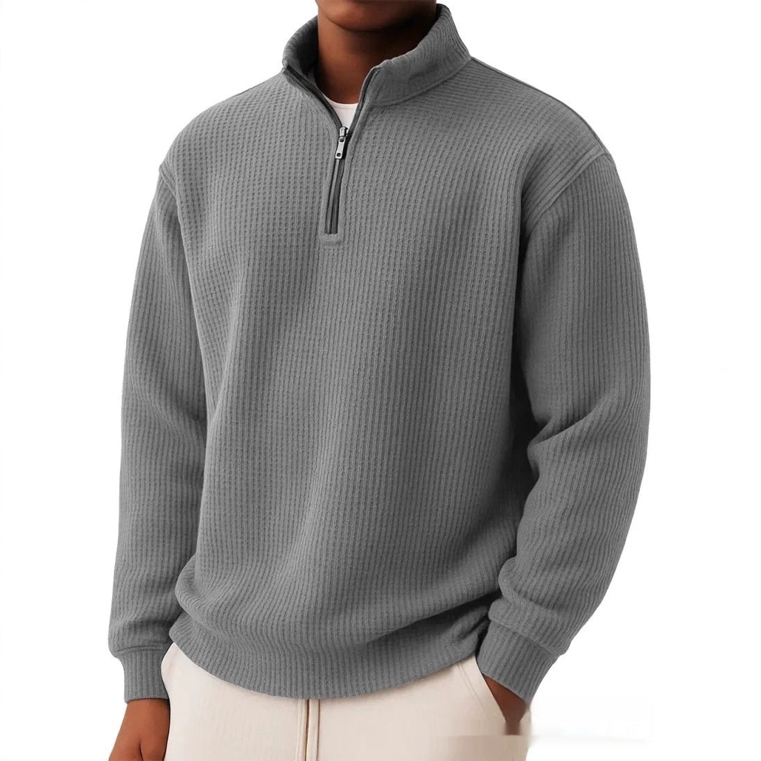 Men's Autumn And Winter Solid Color Loose Casual High-quality Waffle Long-sleeved POLO Shirt