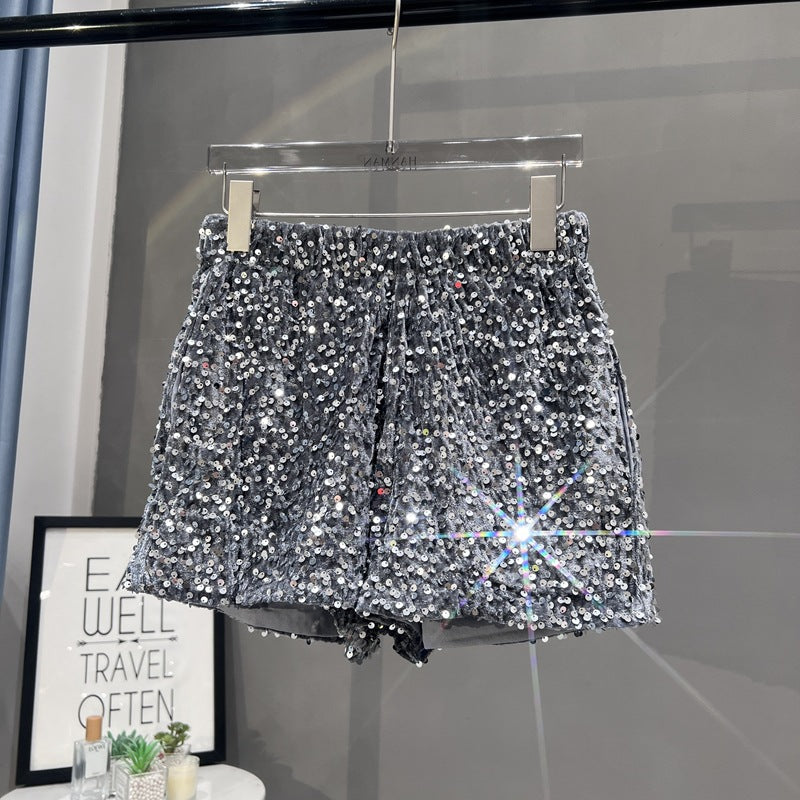 Suede Embroidered Beaded Gray Casual Shorts For Women