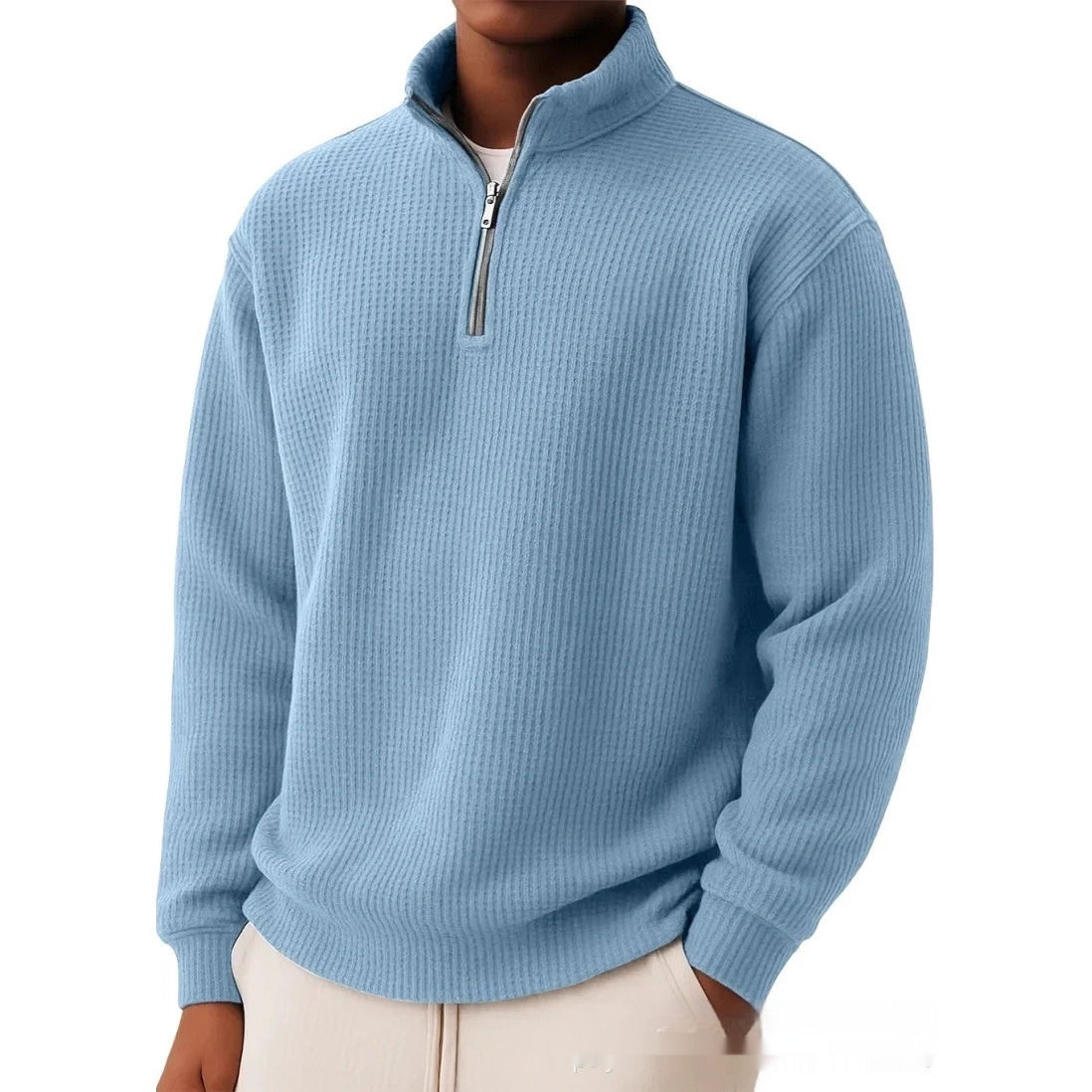 Men's Autumn And Winter Solid Color Loose Casual High-quality Waffle Long-sleeved POLO Shirt
