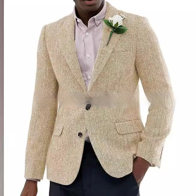 Mens Brown And Gray Herringbone Wool Suit Jacket