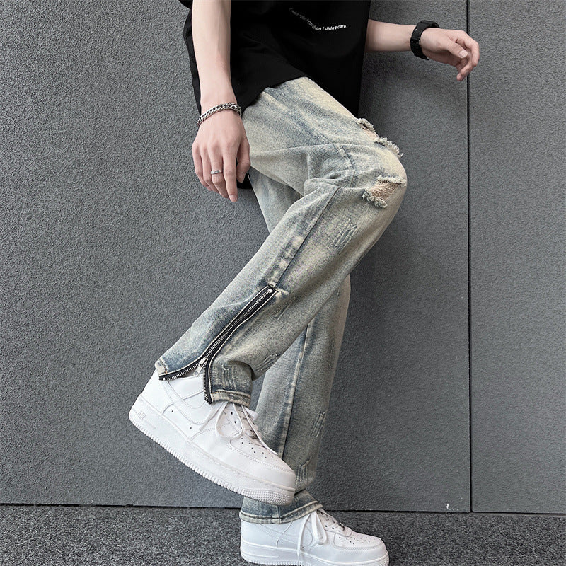 Mens SpringSummer Loose-Fit Denim Jeans With A Side Zipper