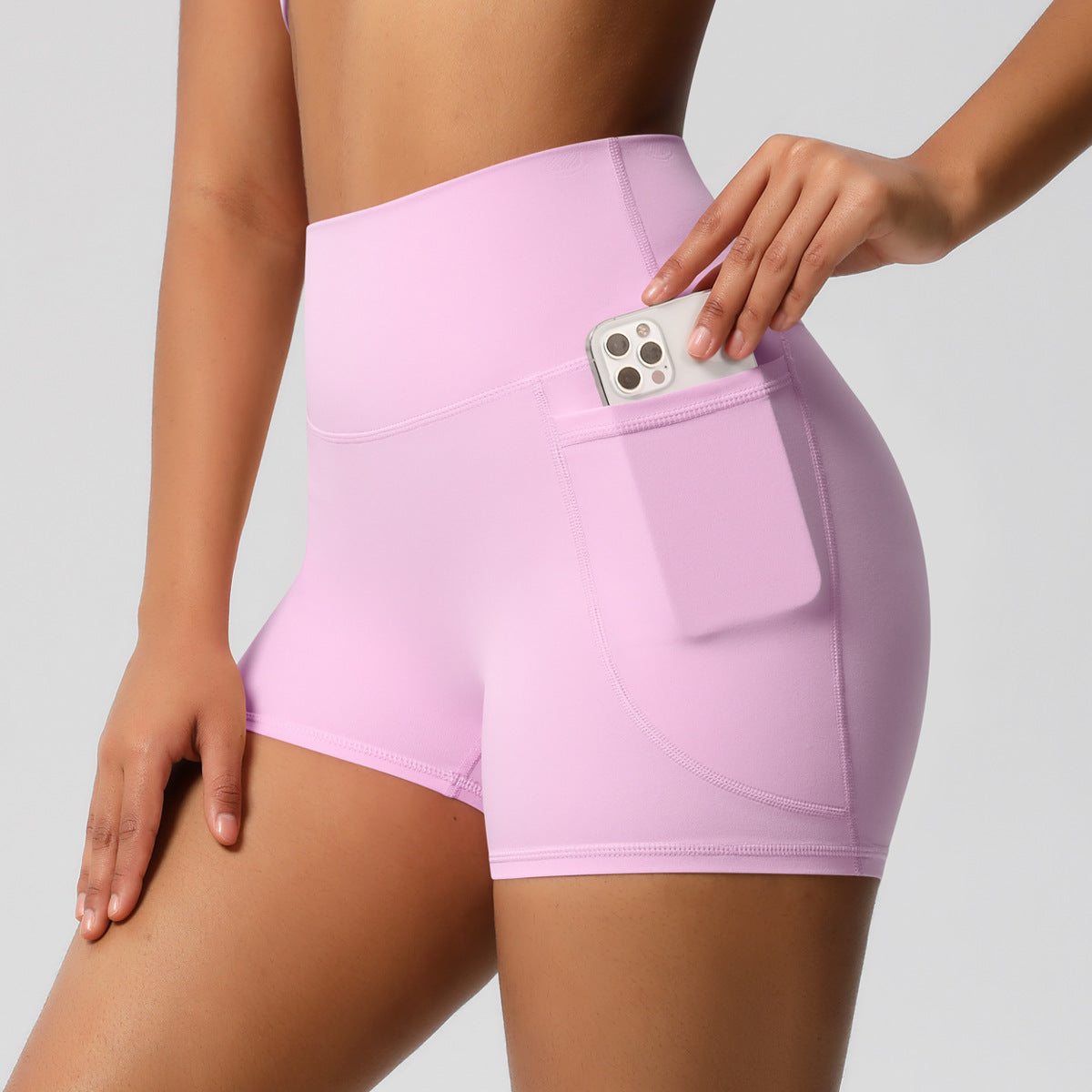 Womens Pockets Yoga Shorts Summer Three-Quarter Peach-Colored Yoga Shorts