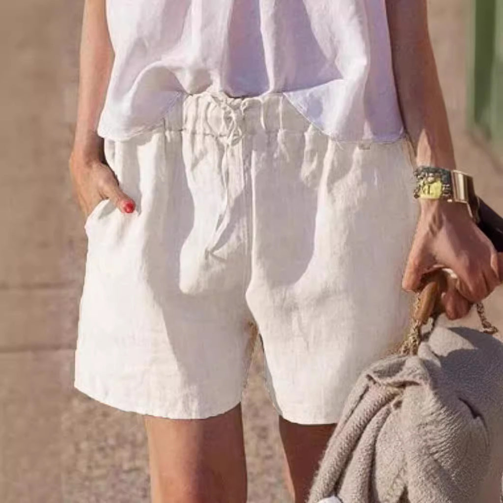 Solid-color Loose Cotton-linen Casual Pants Elastic Waistband With Tie-string Shorts