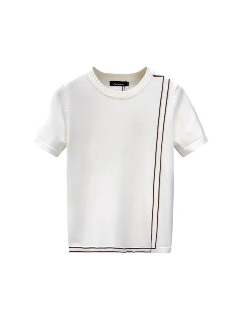 Striped Knitted Ice Silk Short Sleeve Men's Youth Slim Fit Summer High-end Retro T-shirt