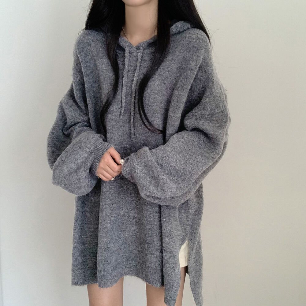 Korean-style Relaxed-fit Knitted Hoodie With A Laid-back Vibe And Puffed Sleeves