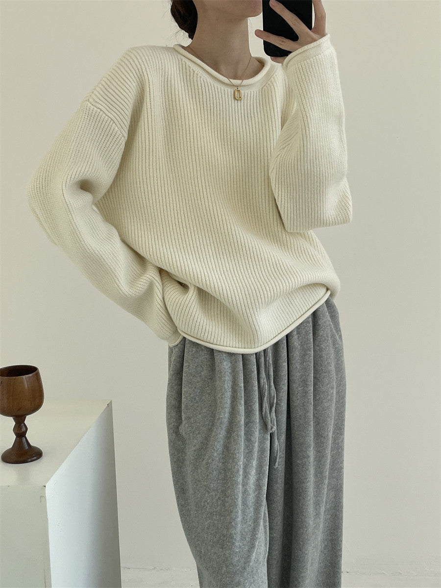 Solid-color Ribbed Irregular Knit Pullover Sweater
