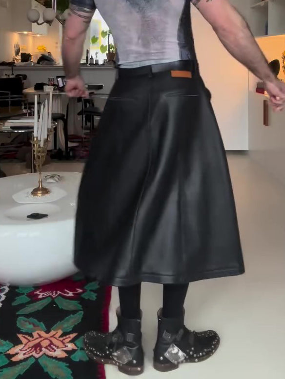 Black Leather Wide-Leg Midi Skirt