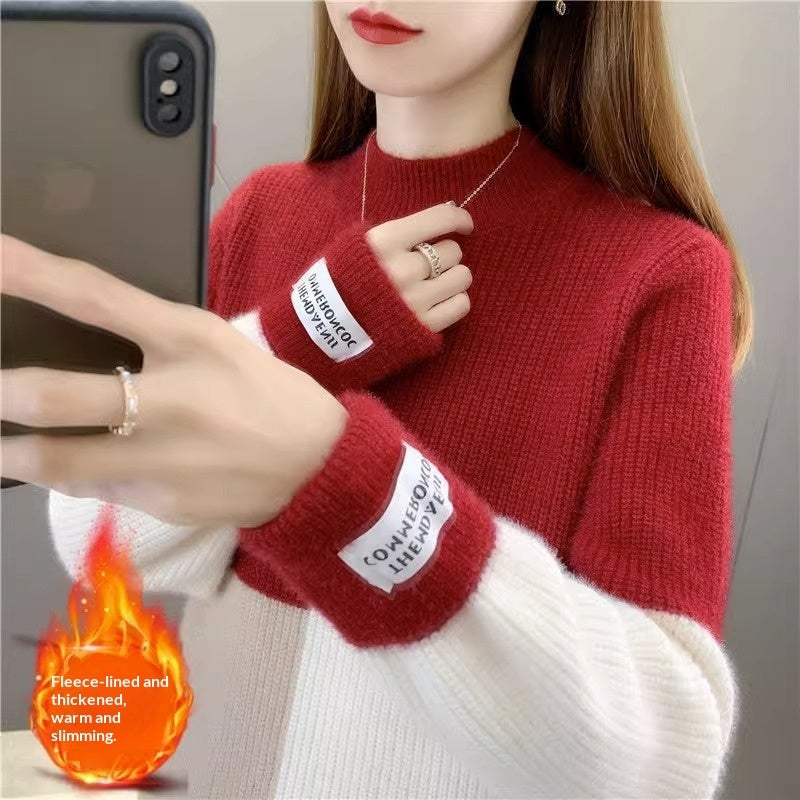 Womens High-Waisted Colorblock Mink-Blend Sweater