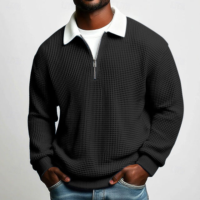 Men's Solid-Color Waffle-Weave Long-Sleeve Lapel Zip-Up Business Polo Shirt Spring Fall Zipper T-shirts Tops For Daily Wear