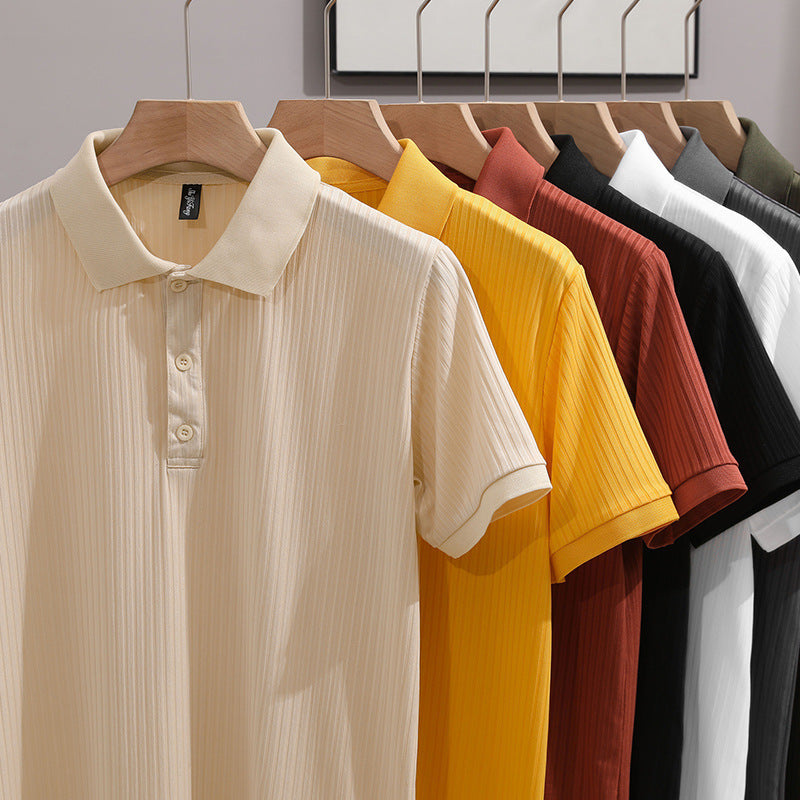 Mens Solid-Colored Slim-Fit Business-Style Fashionable Lapel Shirt With Short Sleeves