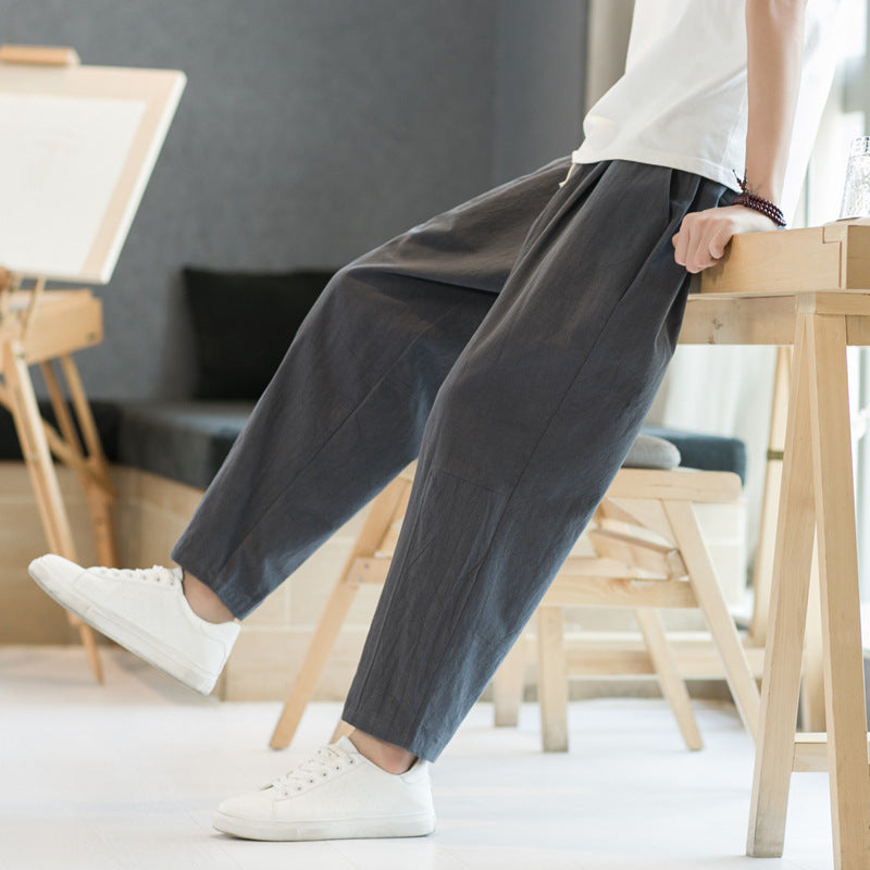 Mens Cotton-linen Relaxed-fit Straight-leg Casual Pants