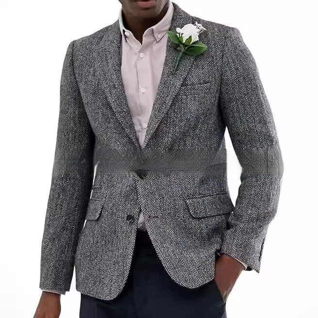 Mens Brown And Gray Herringbone Wool Suit Jacket