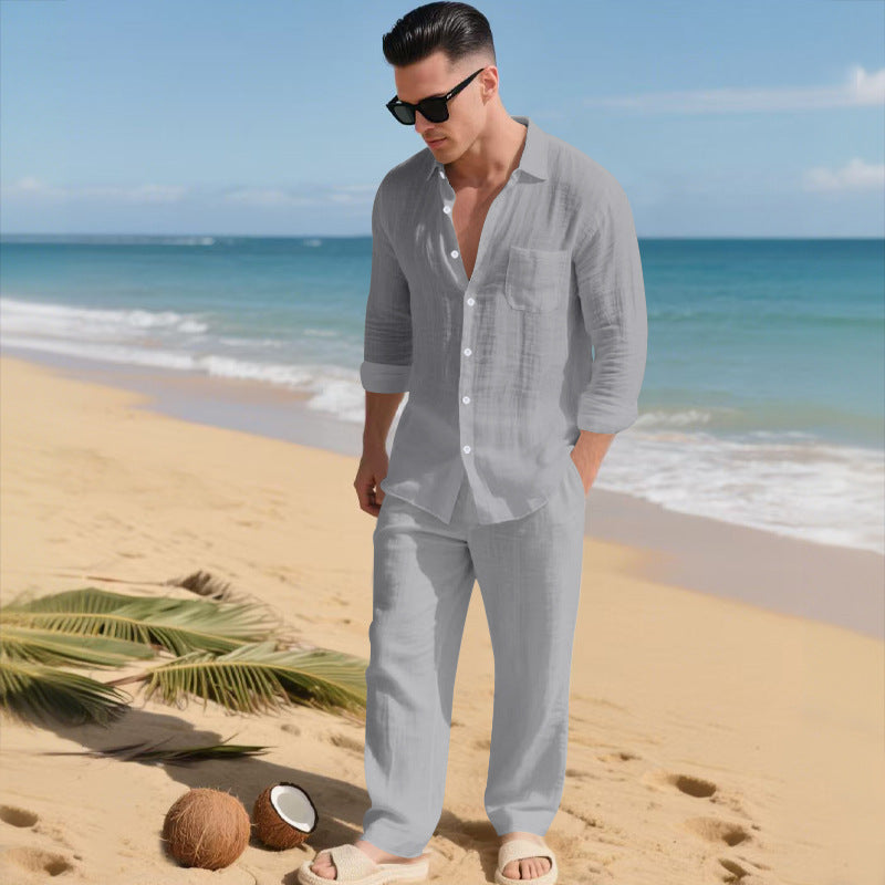 Beach Leisure Loose Collar Shirt Long Sleeve Pants Set