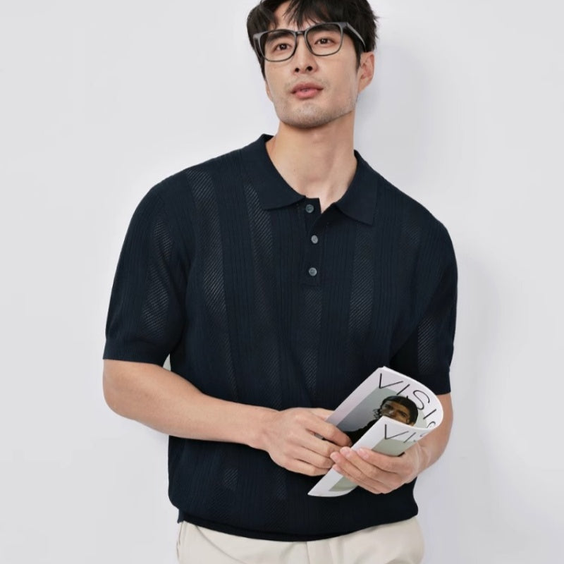 Summer New Hollowed Out Lapel Knit Men's Fashion Casual Short Sleeve