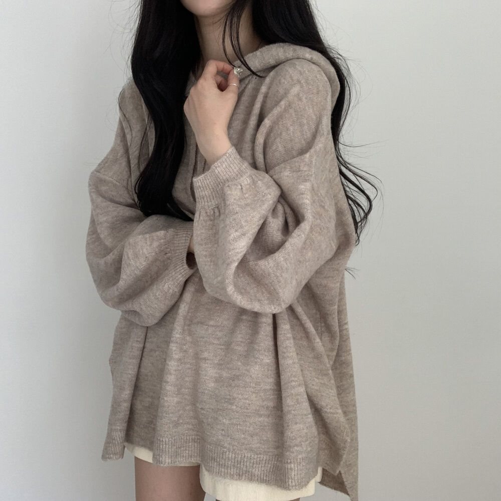 Korean-style Relaxed-fit Knitted Hoodie With A Laid-back Vibe And Puffed Sleeves