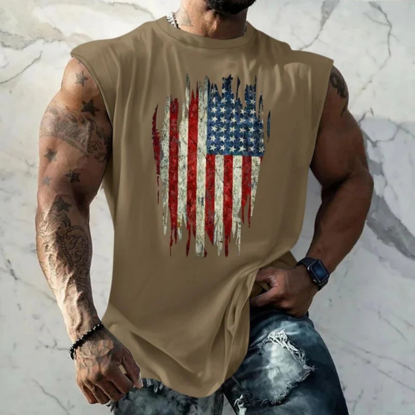 Vest American Shield Stripe Plain Pattern Men's Top