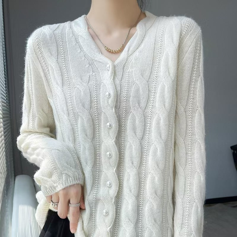 Twisted Pearl-Button V-Neck OuterwearLayering Top Knitted Sweater Jacket